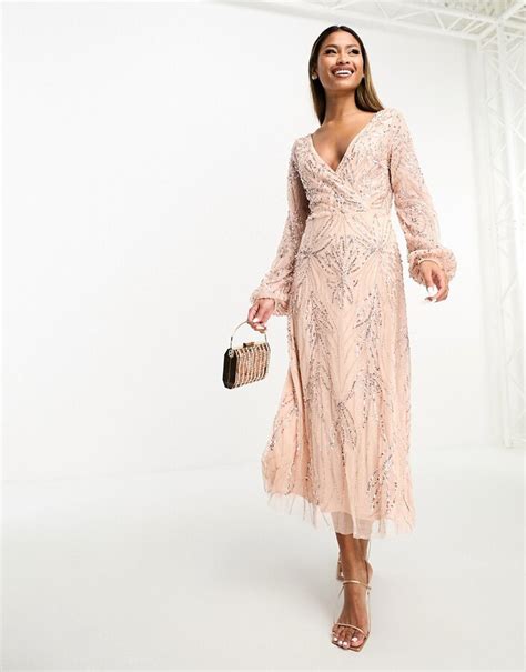 Beauut Bridesmaid Embellished Wrap Front Midi Dress In Blush Shopstyle