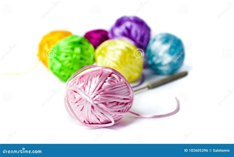 Colorful Crocheting Thread Balls And Needle Isolated Stock Photo