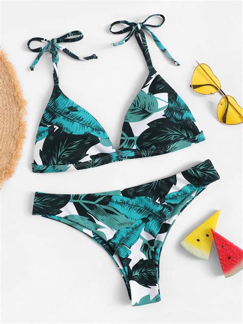 Random Palm Print Self Tie Bikini Set Products In 2019 Bikinis