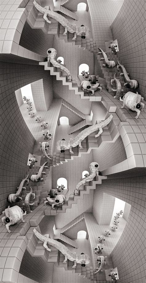 an image of a spiral staircase with people walking up and down the stairs in black and white