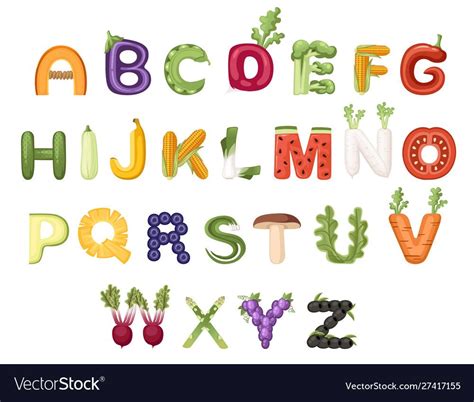 Set Of Vegetable And Fruit Alphabet Food Style Cartoon Vegetable Design Flat Vector Illustration