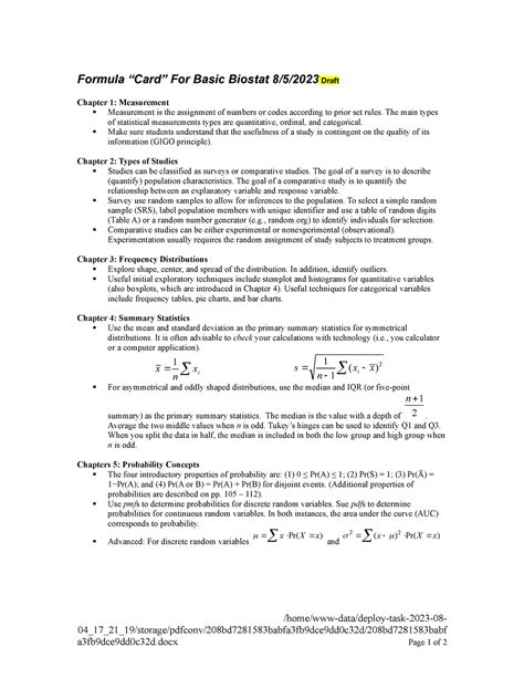 Formula Card Mls211 Formula Card” For Basic Biostat 852023 Draft