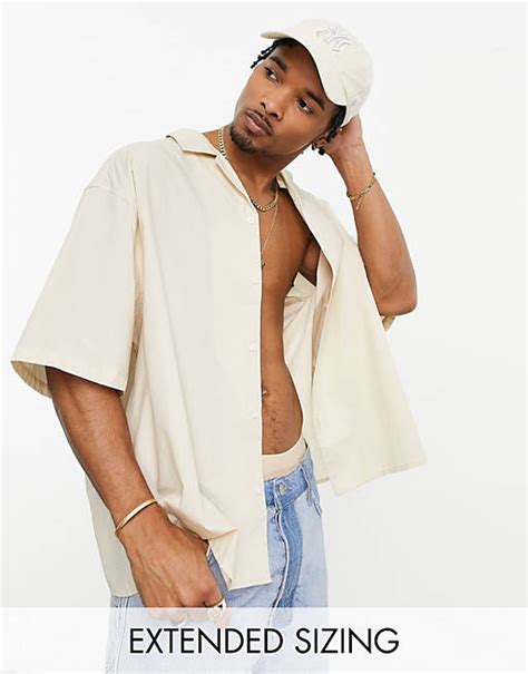 Asos Design Boxy Oversized Revere Shirt In Stone Asos