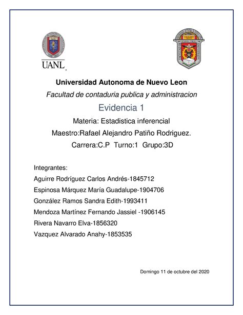 Evidencia 1 Estadistica Universidad Autonoma De Nuevo Leon Facultad De Contaduria Publica Y