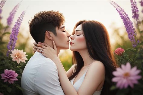 Una Pareja Bes Ndose En Un Campo De Flores Foto Premium