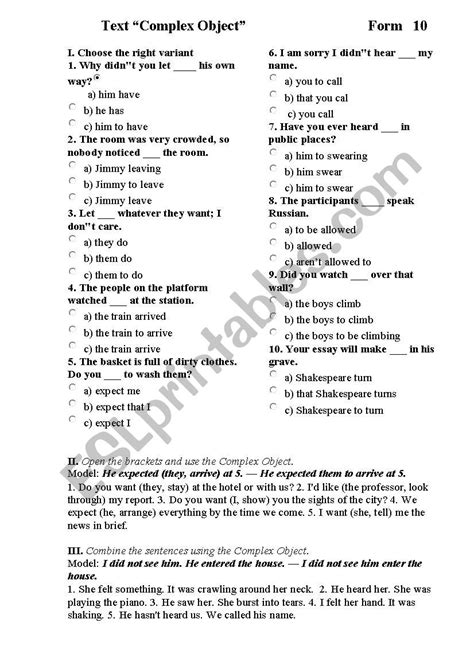 Complex Object Esl Worksheet By Olacuba