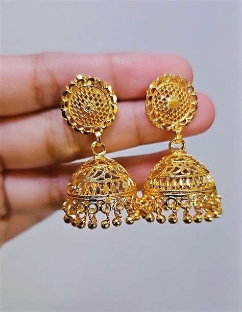 22k Real Gold Finish Jhumka Jhumkas Gold Jhumka Indian Jewelry Gold ...