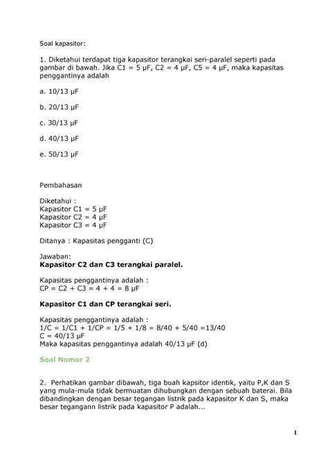 Soal Kapasitor Soal Kapasitor Diketahui Terdapat Tiga Kapasitor Terangkai Seri Paralel