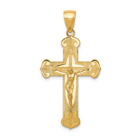 K Gold Polished D Crucifix With Jesus On Engraved Cross Pendant