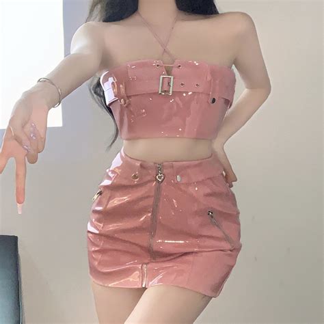 Halter Neck Tube Top Vest Zipper Skirt Pink Set Dressvy