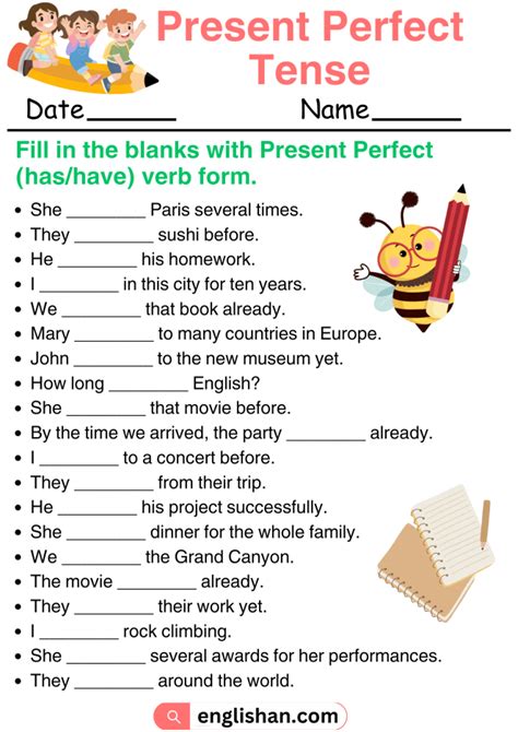 Present Perfect Tense Worksheet Fill The Blanks With Helping Verb Has