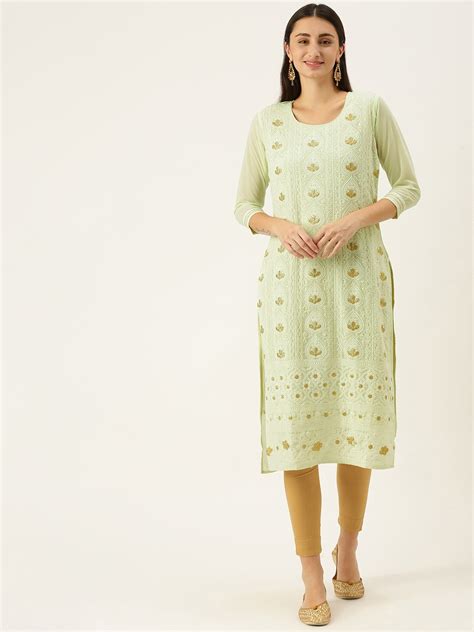 Buy Swagg India Women Green Ethnic Motifs Chikankari Embroidered Kurta