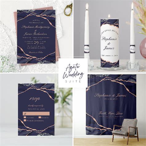 Elegant Navy Rose Gold Foil Agate Wedding Invitation Zazzle