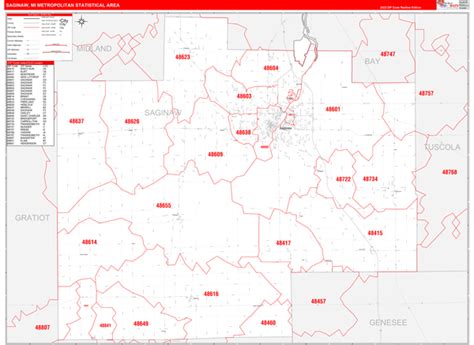 Saginaw Mi Metro Area Wall Map Red Line Style By Marketmaps Mapsales