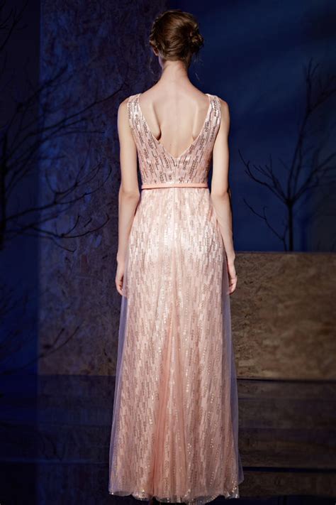 Robe de soirée rose pastel à sequin scintillant col V ornée d une