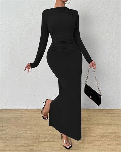 Btfbm Women Bodycon Maxi Dress Long Sleeve Back Slit Ruched Elegant