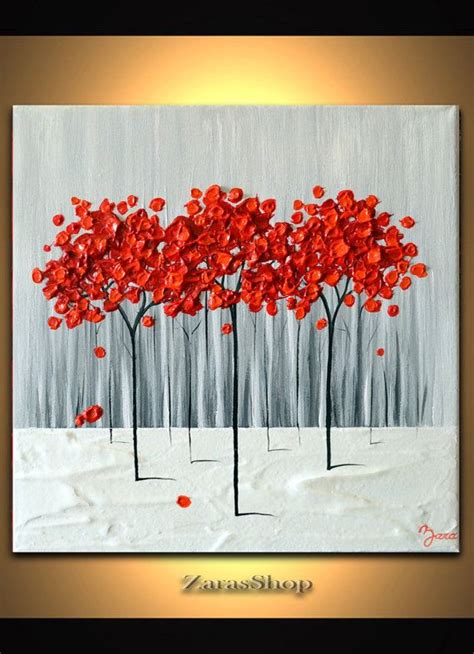 Original Modern Art 12 X 12 Textured Artwork Red Trees Painting White