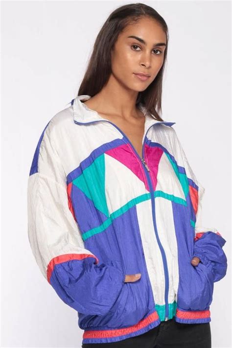 90s Windbreaker Jacket Shiny Purple White Color Block Etsy 90s Windbreaker Jacket