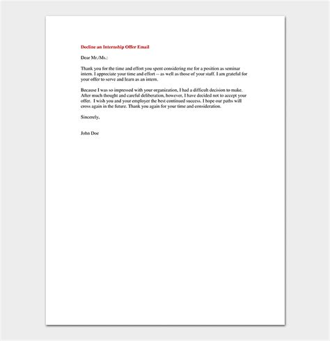 Internship Rejection Letter Sample Letters Format