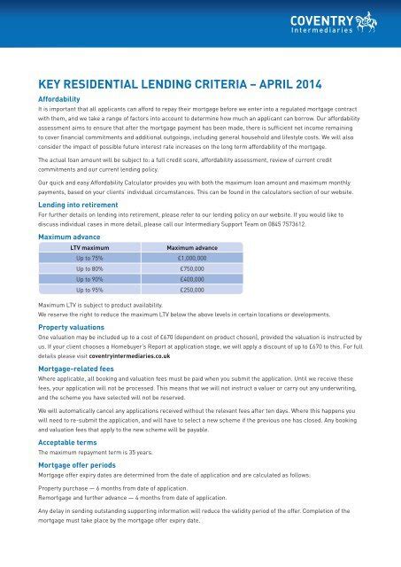 Key residential lending criteria - Coventry Building Society