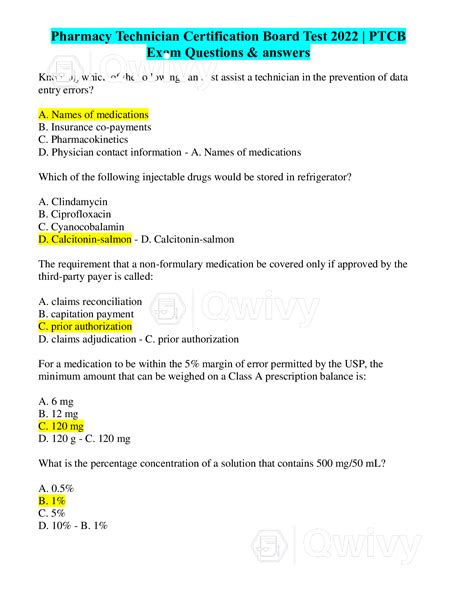 Pharmacy Technician Certification Board Test Ptcb Exam Questions