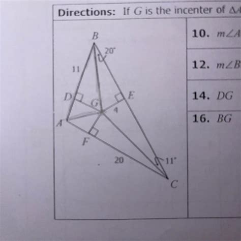 Free If G Is The Incenter Of Triangle Abc Find Each Measure 10 M