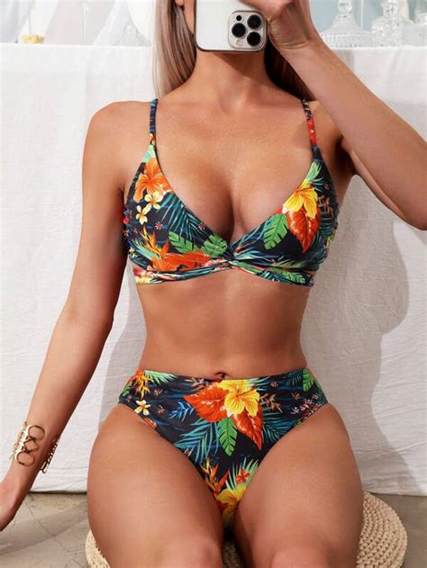 Tropical Print Knot Front Bikini Swimsuit SHEIN USA