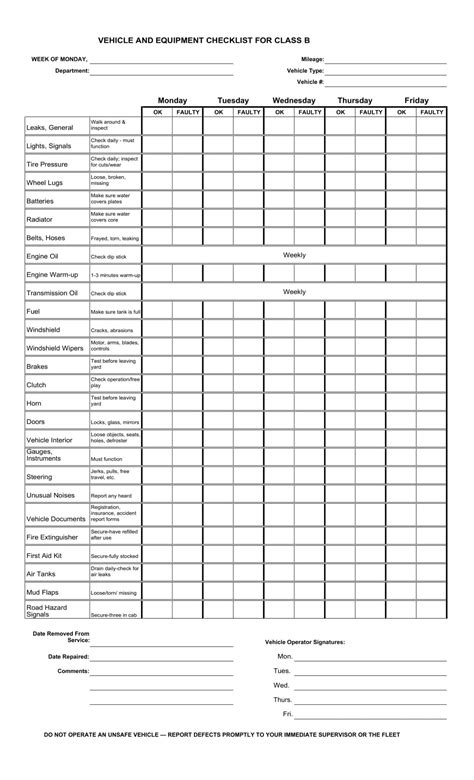 Free Printable Vehicle Checklist Inspection Maintenance Word PDF