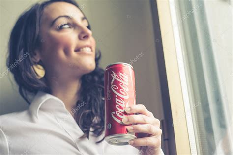 Beautiful Woman Drinking Coca Cola Can 33 Cl Stock Editorial Photo