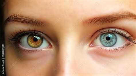 Close Up Woman Face With Different Blue Brown Eyes Colors Complete Heterochromia Iridum Of