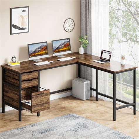 L-Shaped Desk, 59″ Corner Computer Desk with Storage Drawers ...