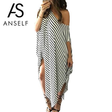 Anself Women Loose Long Striped Dress Batwing Sleeve One Shoulder Split Asymmetric Oversized