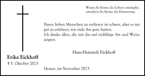 Traueranzeigen Von Erika Eickhoff Trauer In NRW De