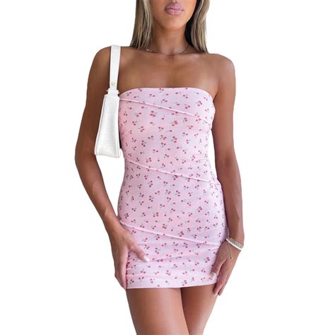 Summer Women Wrap Chest Bodycon Dress Floral Print Strapless Backless Cocktail Dress Party Club