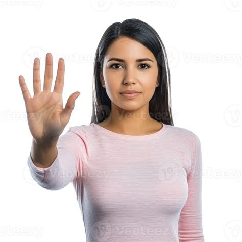 Young Woman Raising Hand In Neutral Space 52649779 Png