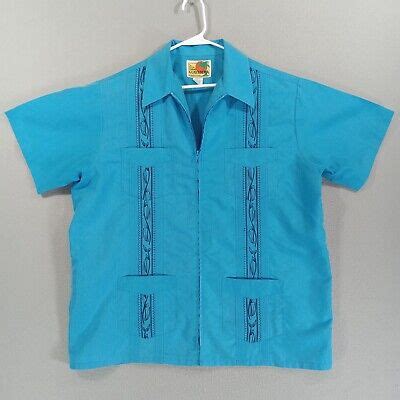 The Genuine Haband Guayabera Shirt Mens L Blue Embroidered Full Zip