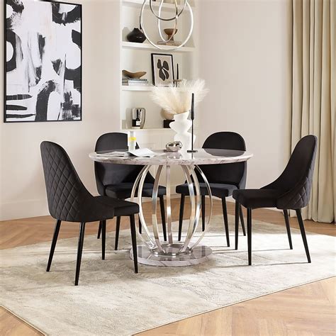 Savoy Round Dining Table Ricco Chairs Grey Marble Effect Chrome