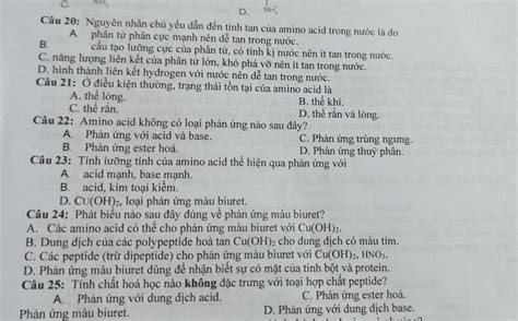 Solved D NH Câu 20 Nguyên nhân chủ yếu dẫn đến tính tan của amino