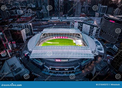 Aerial View of Marvel Stadium with Bright Green Grass and Red Sign. Melbourne, Australia ...