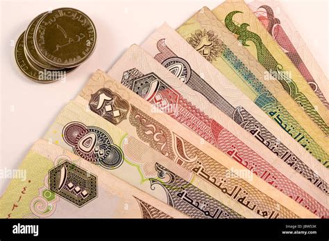 Close Up Dirhams Currency Note And Coins Aed United Arab Emirates