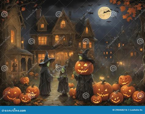 Creepy Halloween Night Scene With Witches Haunted Houses Bats Jack O