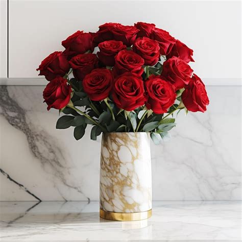 Premium Ai Image A Vase Of Red Roses With Gold And White Marbles