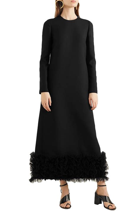 VALENTINO GARAVANI Ruffled Tulle Trimmed Wool And Silk Blend Crepe Maxi