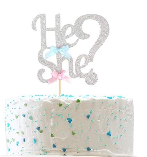 He Or She Cake Topper Silver Glitter Paper Gender Reveal Boy Or Girl