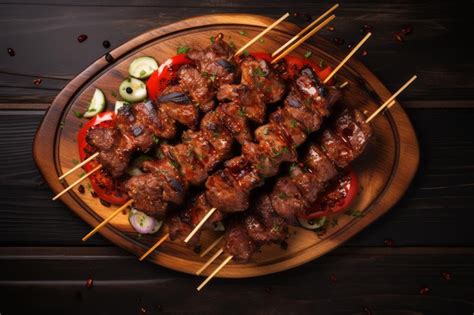 Premium Ai Image Sizzling Delights Bbq Meat Skewers On Wooden Platter