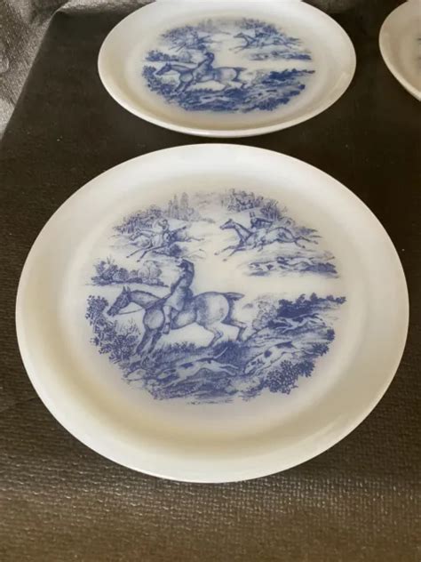 LOT DE 6 Assiettes Plates Arcopal France décor bleu Scène de chasse en