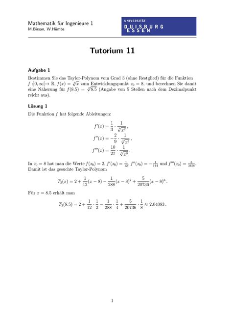 TL11 Wintersemester Mathematik Fur Ingenieure 1 M W Umbs