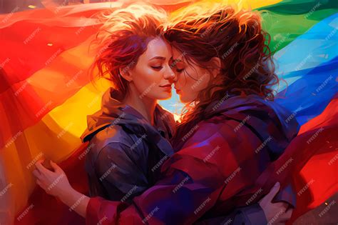 Premium Ai Image Two Girls In Love Embrace Wrapped Lgbt Flags Lesbian