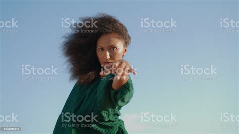 Woman Performing Dance Nature Windy Day Close Up African American Girl