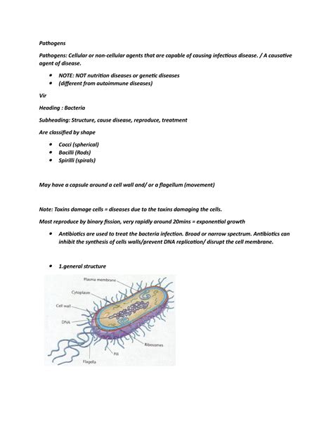 Pathogens Doc Biology Unit 3 And Outcome 2 Notes Pathogens